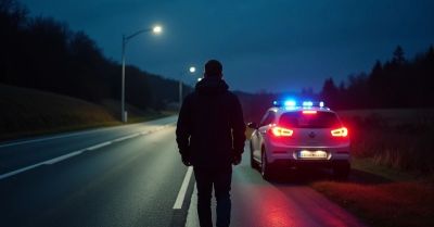 Mandat i odblask dla pieszego idącego nocą środkiem DK59